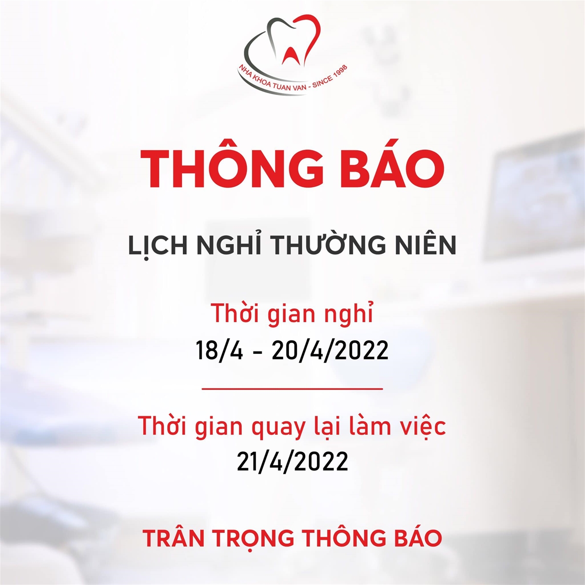 THÔNG BÁO LỊCH  NGHỈ THƯỜNG NIÊN